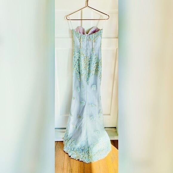 Jovani Baby Light Blue Gold Corset Slit Strapless Gown - Picture 2 of 12